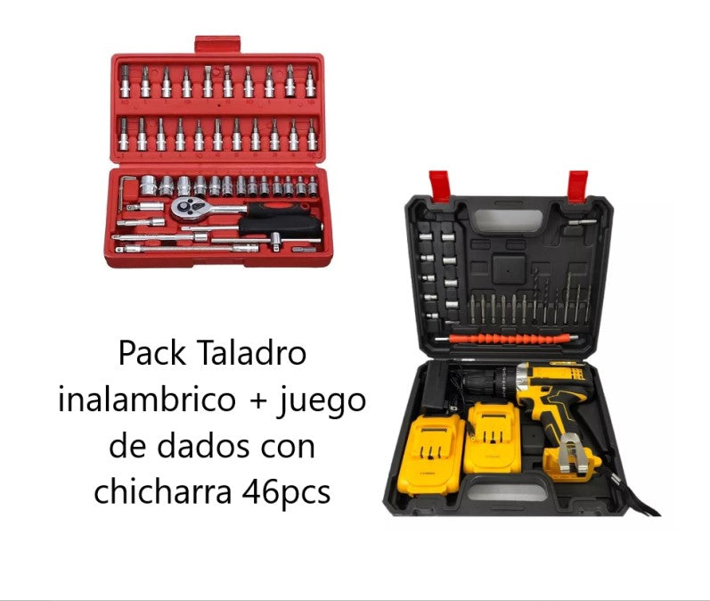 Taladro Inalámbrico + Juego de Dados 46 piezas